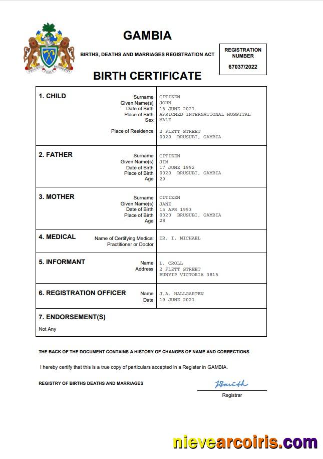 Gambia birth certificate